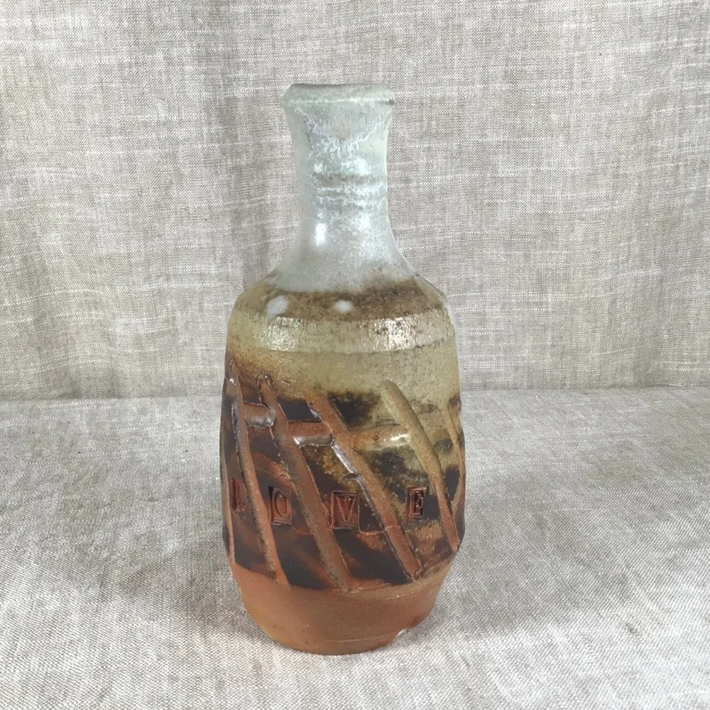 Studio Pottery Vase Good Vintage Love Inscribed Rustic Brown Cream Stoneware 7